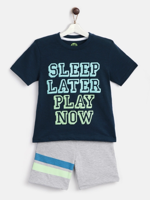 

YK Boys Navy Blue & Grey Melange Printed T-shirt with Shorts