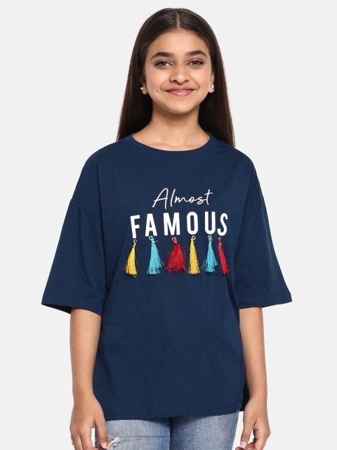 

YK Girls Navy Blue Printed Round Neck T-shirt With Tassel Detail