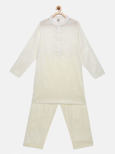 

YK Boys White & Silver-Toned Striped Kurta with Pyjamas