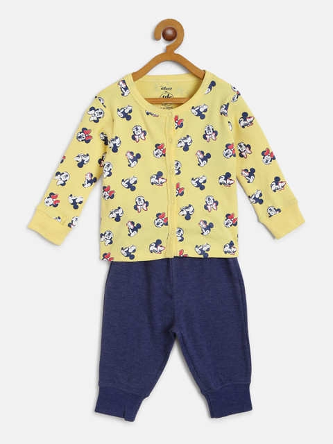 

YK Disney Girls Mustard Yellow & Navy Blue Mickey & Minnie Print Jhabla with Joggers