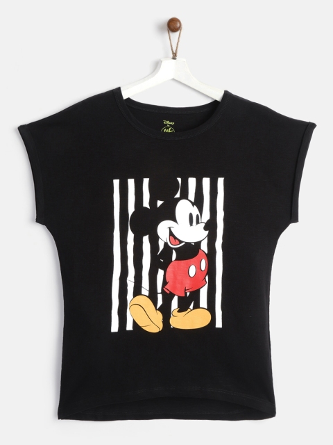 

YK Disney Girls Black & White Mickey Mouse Print Round Neck T-shirt