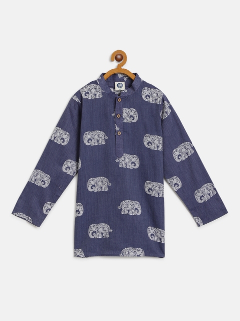 

YK Boys Navy Blue & White Elephant Print Straight Kurta