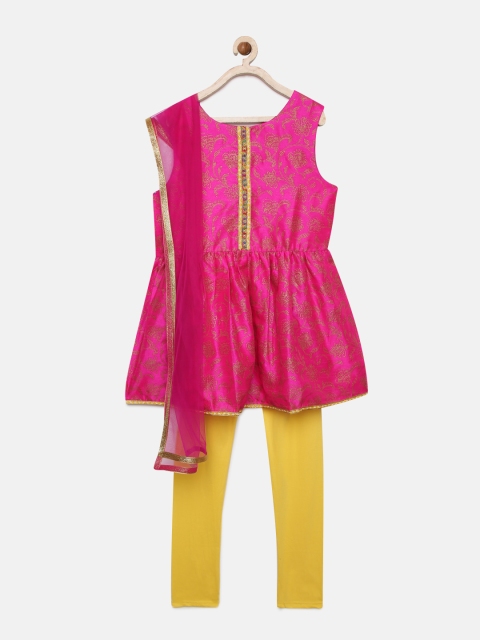 

YK Girls Pink & Yellow Printed Kurti with Churidar & Dupatta