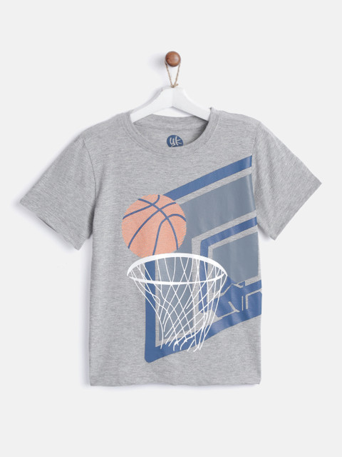

YK Boys Grey Melange & Blue Printed Round Neck T-shirt