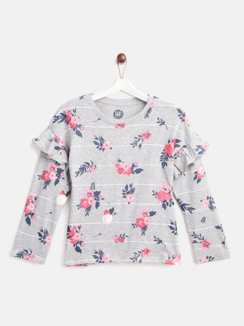 

YK Girls Grey Melange & Pink Floral Print Regular Top