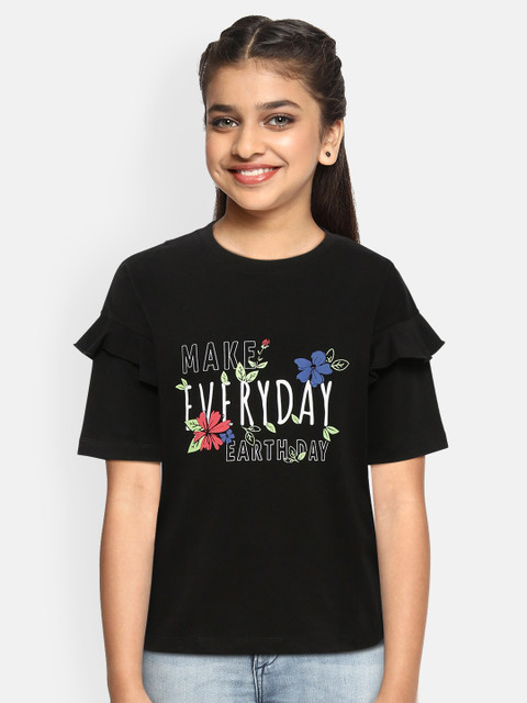 

YK Girls Black Printed Round Neck T-shirt