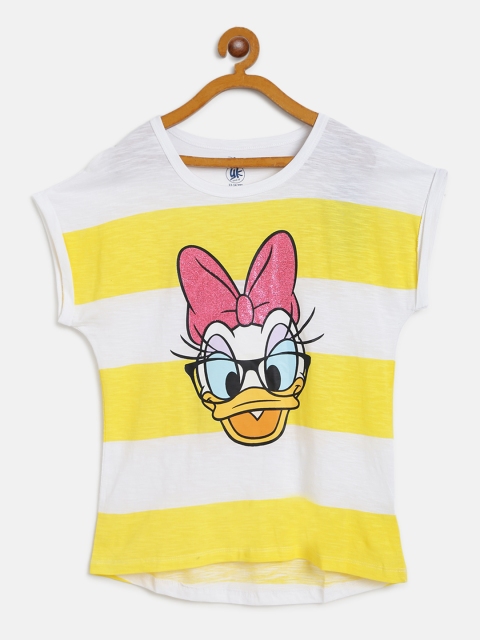 

YK Disney Girls White & Yellow Striped & Daisy Duck Print Round Neck T-shirt