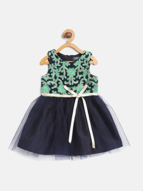 

A.T.U.N All Things Uber Nice Girls Navy & Green Embroidered Fit & Flare Dress, Navy blue