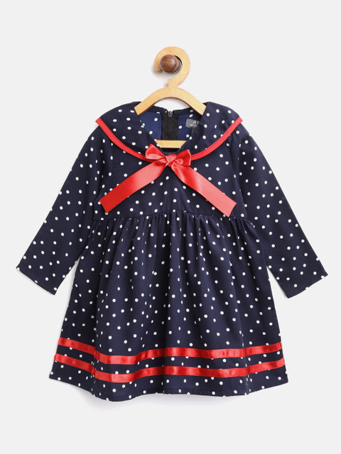 

A.T.U.N All Things Uber Nice Girls Navy Blue & White Polka Dot Print A-Line Dress