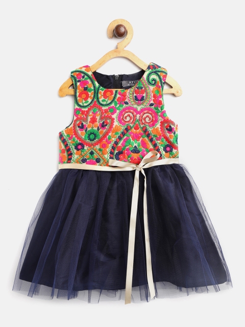 

A.T.U.N All Things Uber Nice Girls Navy & Pink Embroidered Fit & Flare Dress, Navy blue