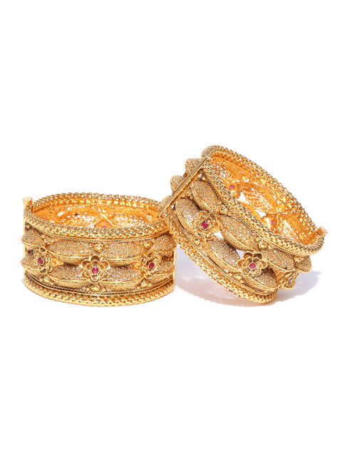 

damani Set of 2 Gold-Plated Textured Stone-Studded Textured Bangles