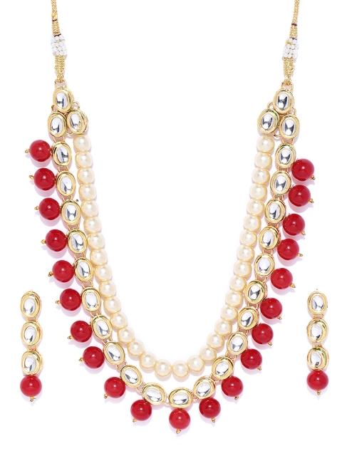 

damani Red & Off-White Gold-Plated Kundan Studded & Beaded Jewellery Set