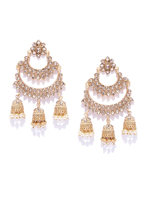 

damani Gold-Plated Stone Studded & Beaded Crescent Shaped Chandbalis