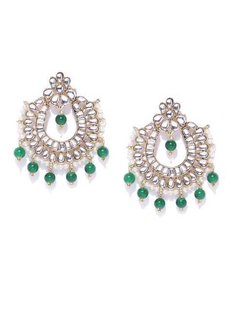 

damani Green Gold-Plated Stone-Studded & Beaded Crescent Shaped Chandbalis