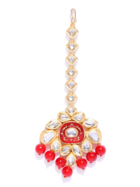 

damani Red Gold-Plated Enamelled Stone-Studded & Beaded Maang Tika
