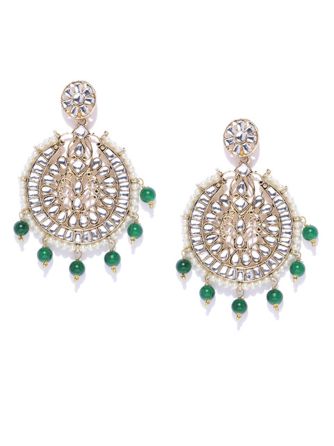 

damani Green & Off-White Gold-Plated Stone Studded & Beaded Crescent Shaped Chandbalis
