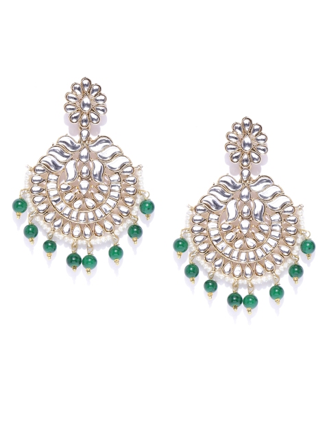 

damani Green Gold-Plated Stone Studded & Beaded Crescent Shaped Chandbalis