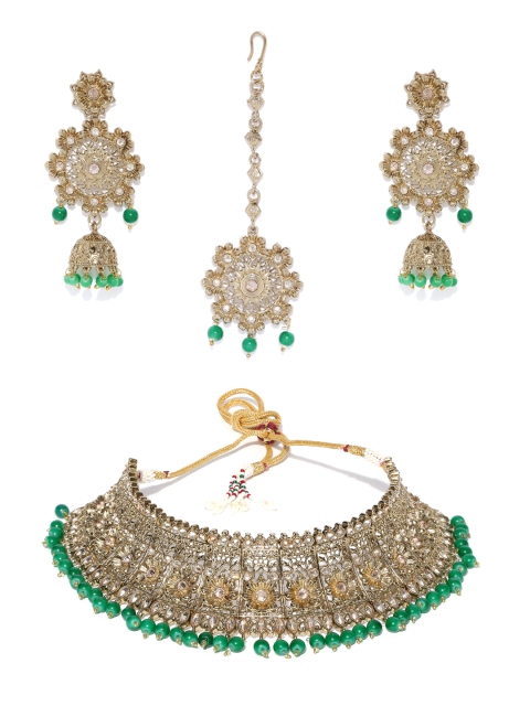 

damani Green Antique Gold-Plated Stone Studded & Beaded Jewellery Set
