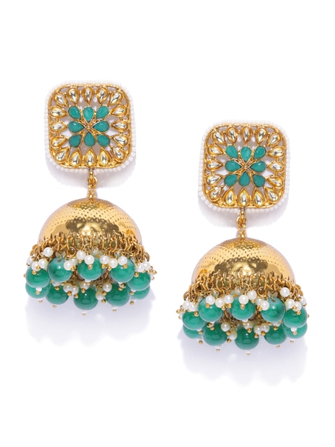 

damani Green & Off-White Gold-Plated Stone Studded & Beaded Dome Shaped Jhumkas