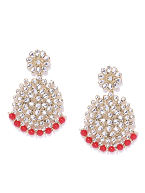 

damani Red Gold-Plated Stone Studded & Beaded Teardrop Shaped Drop Earrings