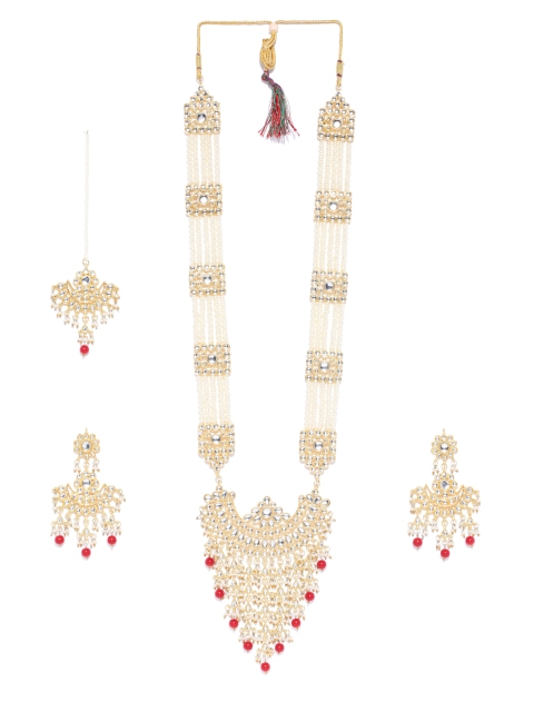 

damani Red & Off-White Gold-Plated Stone Studded & Beaded Jewellery Set