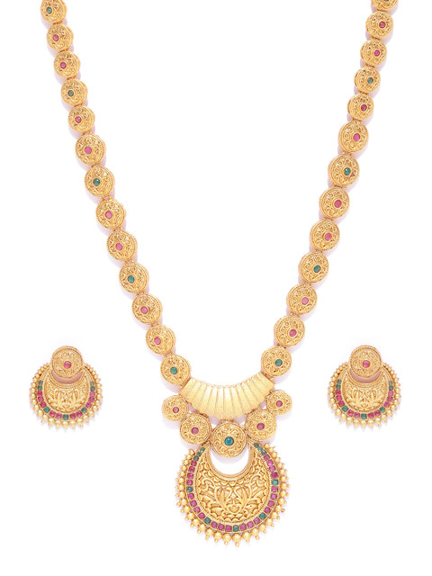 

damani Red & Green Gold-Plated Stone-Studded & Textured Jewellery Set