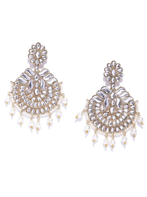 

damani Off-White Gold-Plated Stone Studded & Beaded Crescent Shaped Chandbalis