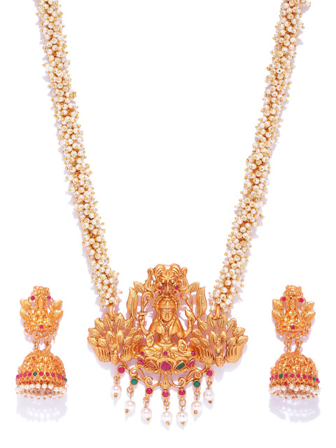 

damani Off-White & Pink Gold-Plated Goddess Lakshmi Textured Beaded Jewellery Set