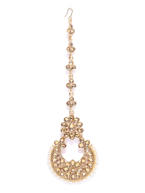 

damani Brown Gold-Plated Stone-Studded & Beaded Crescent-Shaped Maang Tika