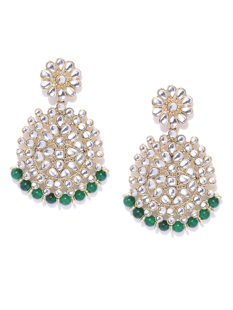 

damani Green Gold-Plated Stone Studded & Beaded Teardrop Shaped Drop Earrings