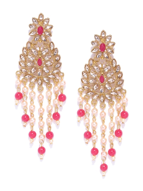 

damani Red Antique Gold-Plated Stone-Studded & Beaded Classic Drop Earrings