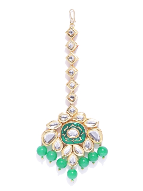 

damani Green Gold-Plated Enamelled Stone-Studded & Beaded Maang Tika