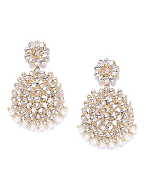 

damani Off-White Gold-Plated Stone Studded & Beaded Teardrop Shaped Drop Earrings