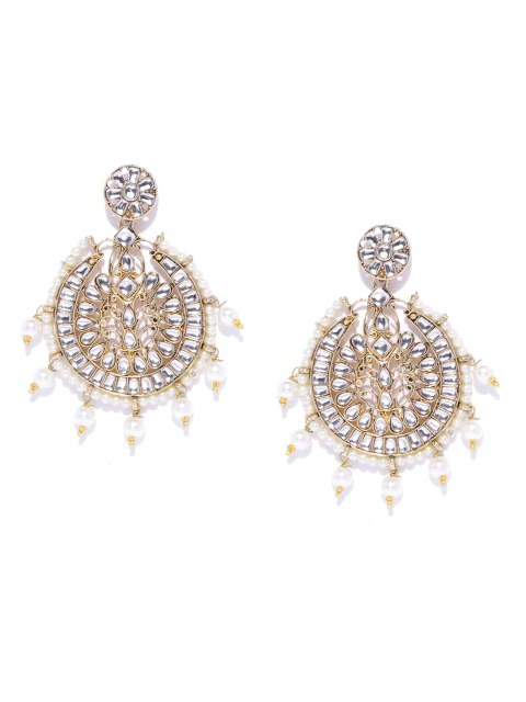 

damani Off-White Gold-Plated Stone Studded & Beaded Crescent Shaped Chandbalis