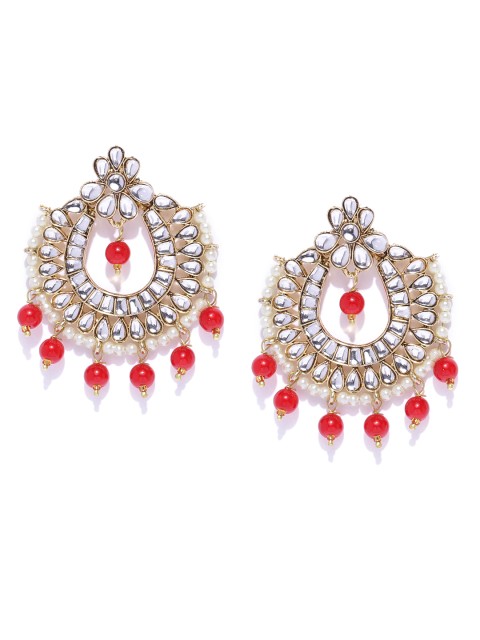 

damani Red & White Antique Gold-Plated Stone-Studded & Beaded Crescent Shaped Chandbalis