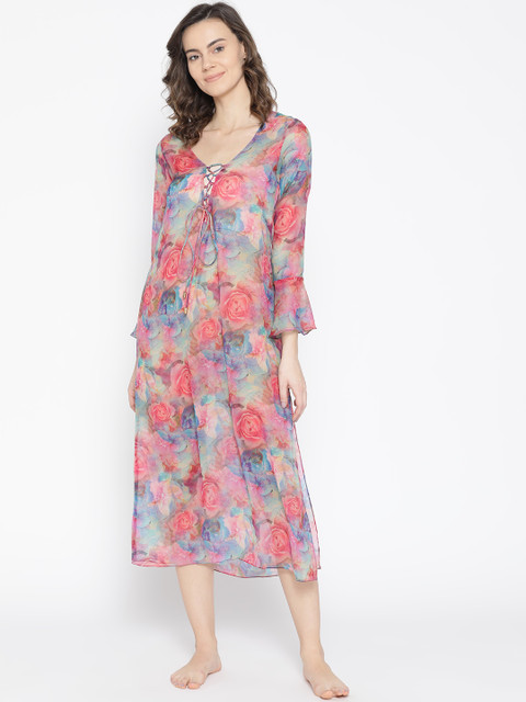 

EROTISSCH Women Pink & Blue Printed Sheer Cover-Up Dress