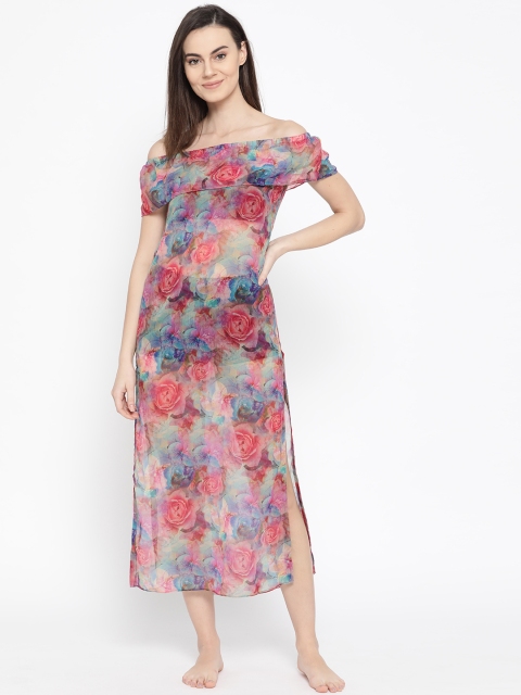 

EROTISSCH Women Pink & Blue Sheer Printed Cover-up Dress