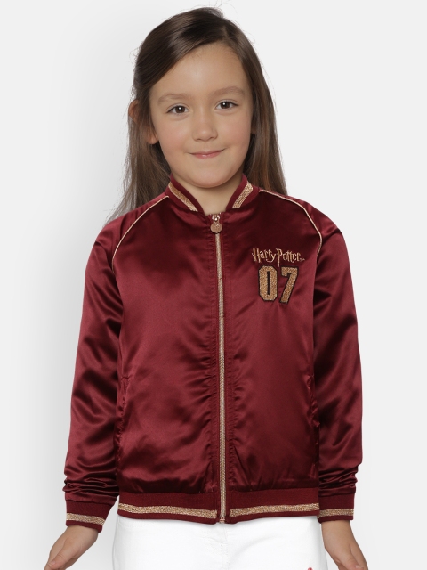 

COOL CLUB Girls Burgundy Embroidered Back Bomber Jacket