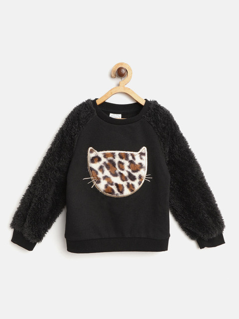 

COOL CLUB Girls Black & Beige Applique Sweatshirt with Fuzzy Detail