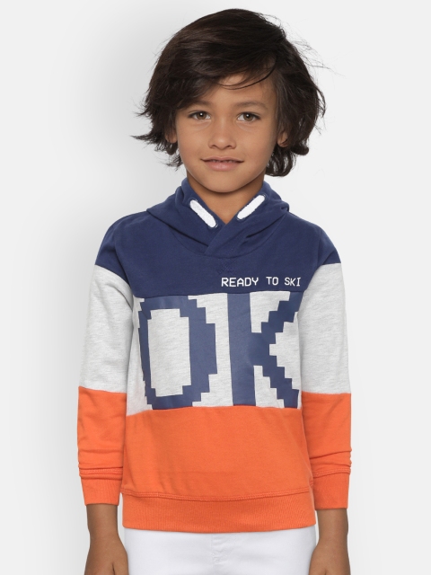 

COOL CLUB Boys Navy Blue & Grey Melange Printed Hooded Sweatshirt