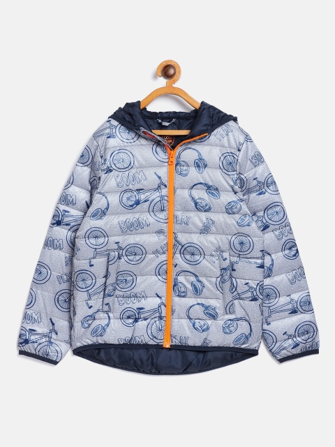 

COOL CLUB Boys Grey & Navy Blue Printed Water Resistant Hooded Puffer Jacket