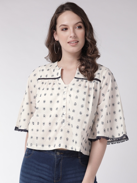 

MIWAY Women Off-White & Navy Blue Self Design A-Line Top