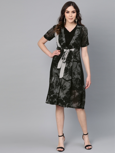 

I AM FOR YOU Women Black & Charcoal Grey Floral Print A-Line Dress