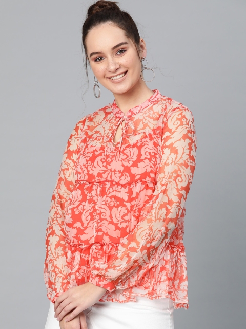 

I AM FOR YOU Women Orange & White Printed Tiered Top With Innerwear