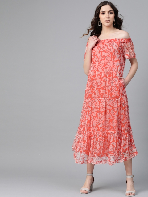 

I AM FOR YOU Women Orange & White Floral Printed A-Line Dress