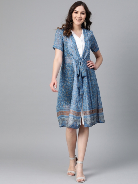 

I AM FOR YOU Women Blue & Green Floral Printed A-Line Dress