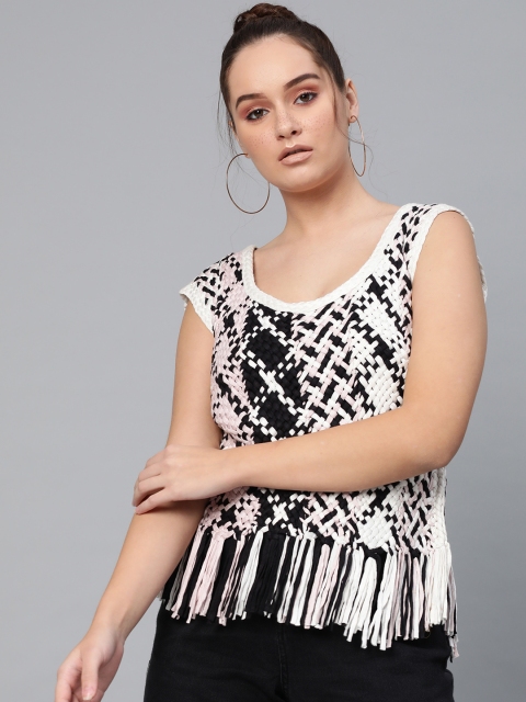 

I AM FOR YOU Women White & Black Checked Fringed Top