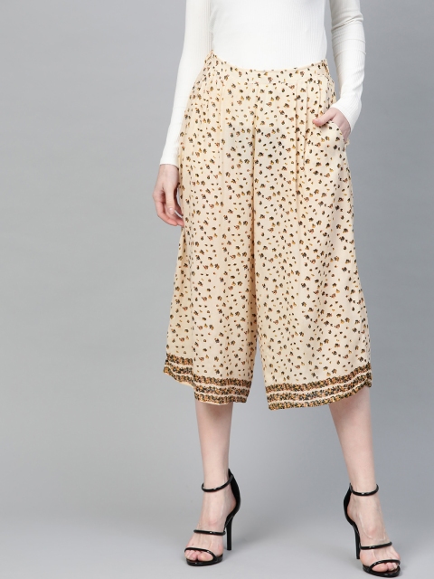 

I AM FOR YOU Women Beige & Green Flared Printed Culottes