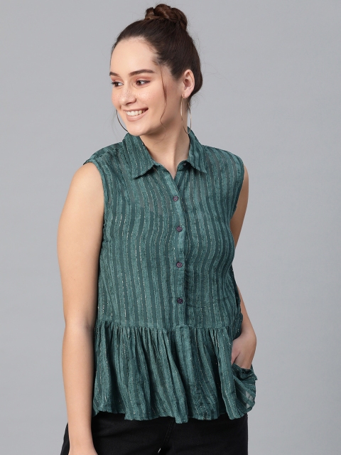 

I AM FOR YOU Women Teal Green Striped A-Line Top