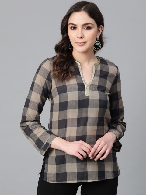 

I AM FOR YOU Women Beige & Charcoal Grey Checked Pure Cotton Straight Kurti